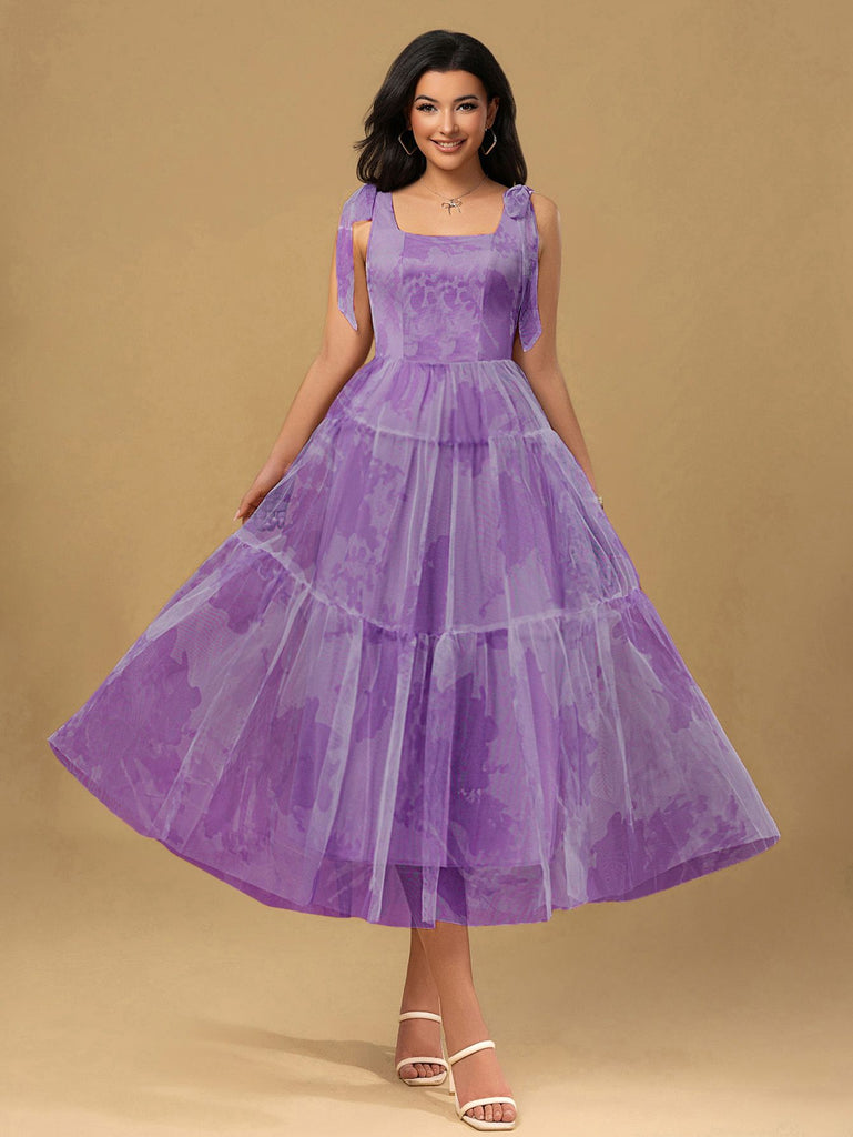 Lavender 1930s Floral Lace-Up Mesh Dress - vintage dress, retro fashion