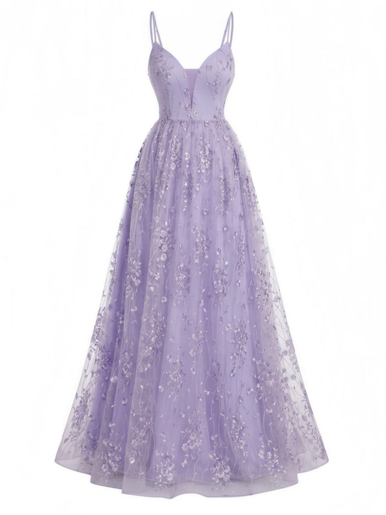 A-Line Lavender Floral Embroidered Lace Prom Dress