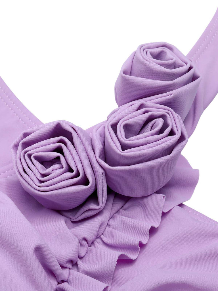Lavender 1940s 3D Flowers Halter One-Piece Swimsuit, vintage swimsuit, pin-up swimwear - perfect for women who love vintage and retro fashion