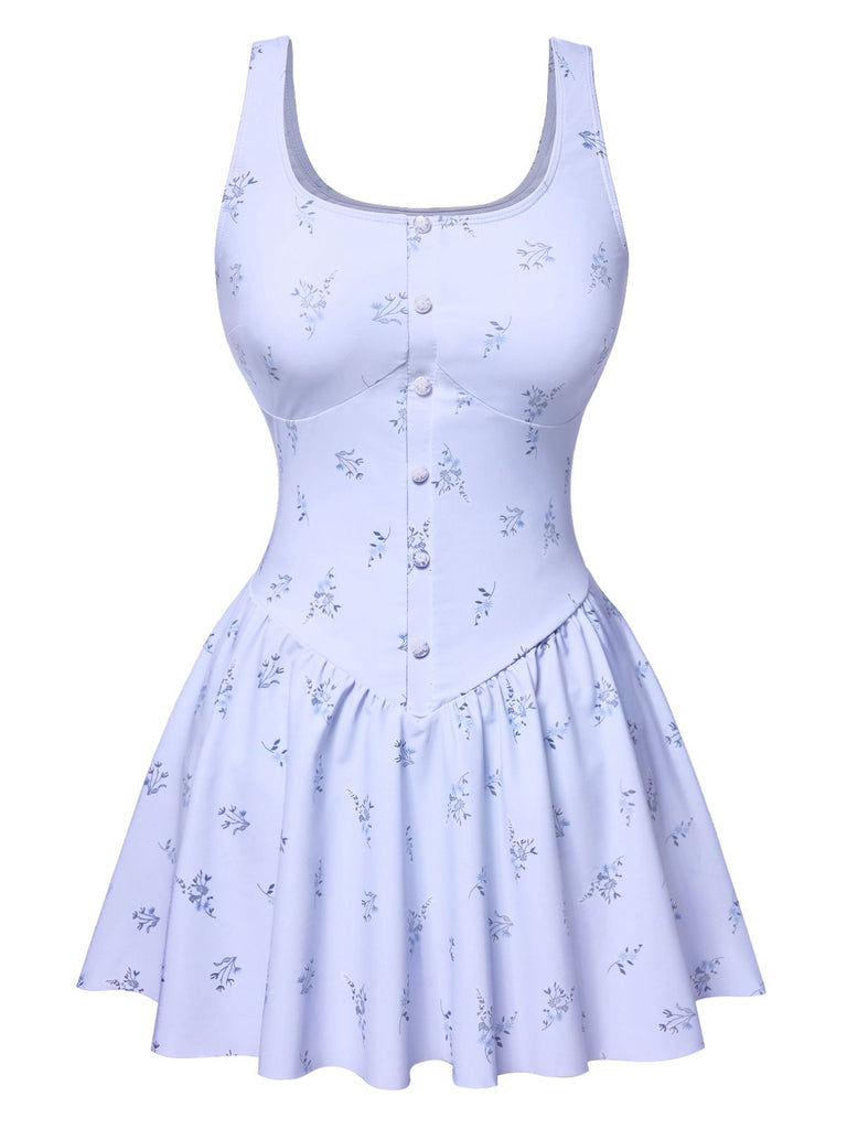 old fashioned swim dress Tummy Control Floral Button One-piece Swim Dress in Lavender