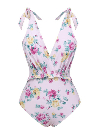 Lavender 1940s Floral Shoulder Tie Swimsuit, vintage swimsuit, pin-up swimwear - perfect for women who love vintage and retro fashion