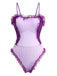She's wearing Lavender 1950s Stripe Mesh Ruffle One-Piece Swimsuit and the whole beach remembers the 1950s