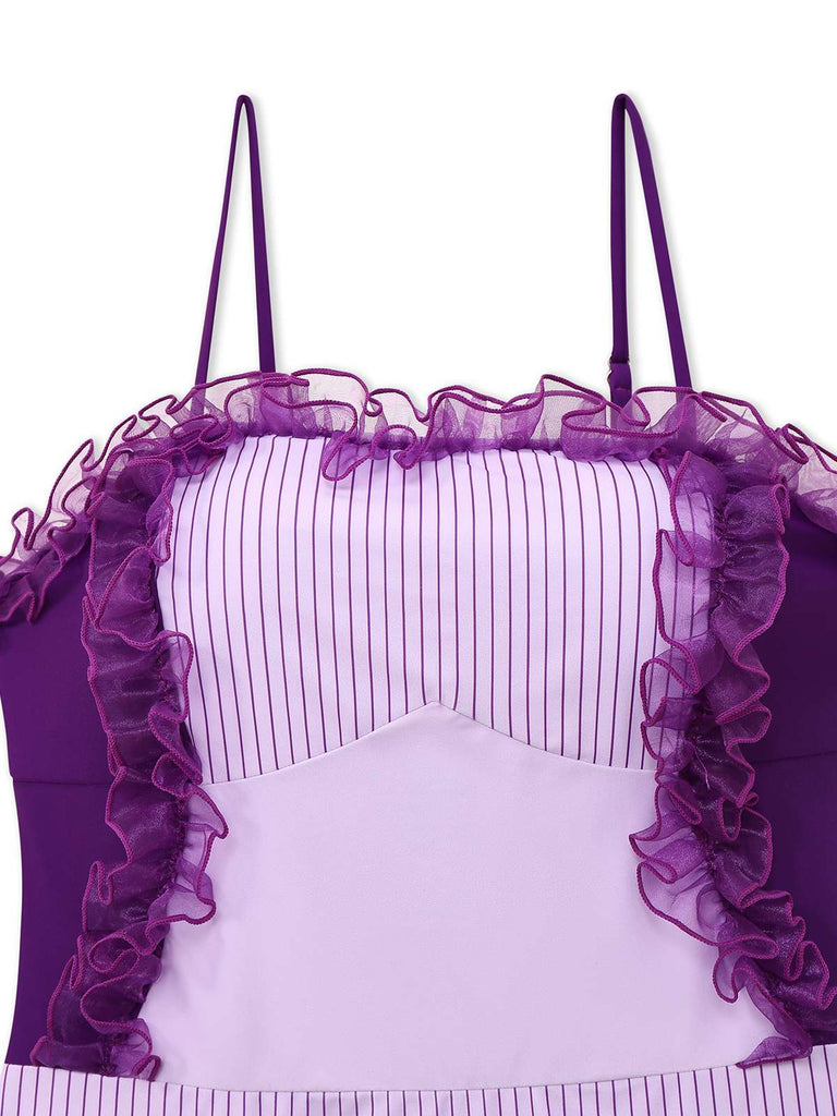 This Lavender 1950s Stripe Mesh Ruffle One-Piece Swimsuit carries 1950s vacation dreams in every stitch