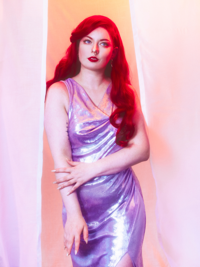 Lavender 1960s Cowl Neck High-Slit Pearlescent Dress - vintage dress, retro fashion for women