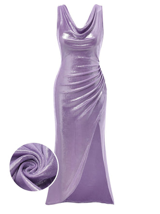 Lavender 1960s Cowl Neck High-Slit Pearlescent Dress: where 1960s romance meets her modern spirit