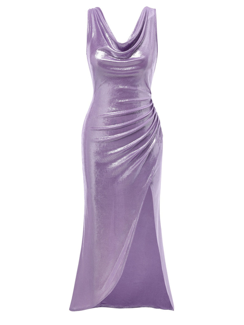 Cowl Neck High-Slit Pearlescent Dress Lavender