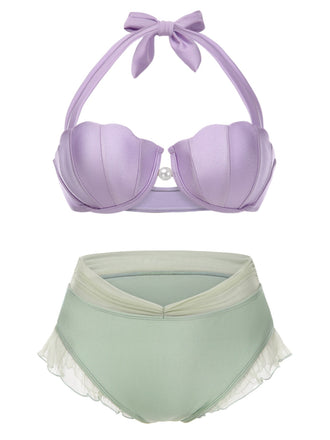 Lavender 1970s Mermaid Shell Halter Bikini Set - vintage fashion, retro style