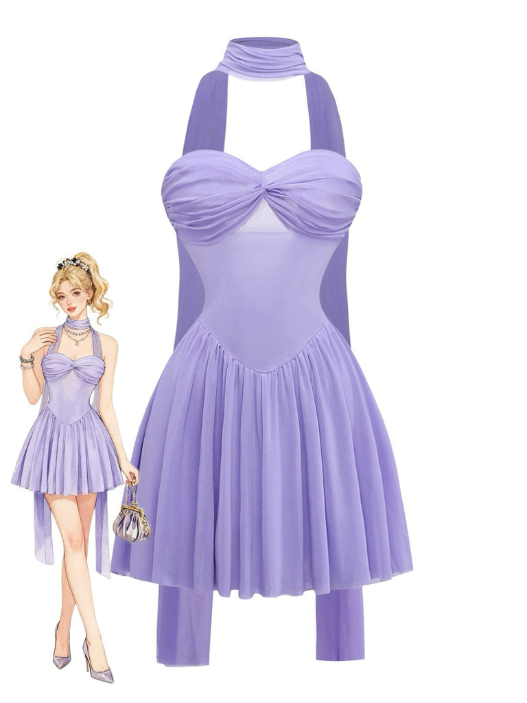 Lavender 1970s Strapless Mesh Babydoll Mini Dress with Scarf, vintage dress, retro fashion - perfect for women who love vintage and retro fashion