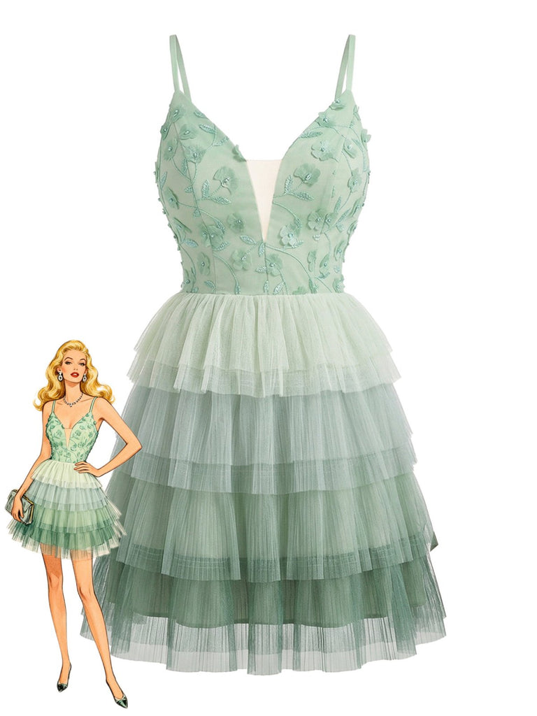 Layered tulle cake dress front view with tiered ruffled skirt