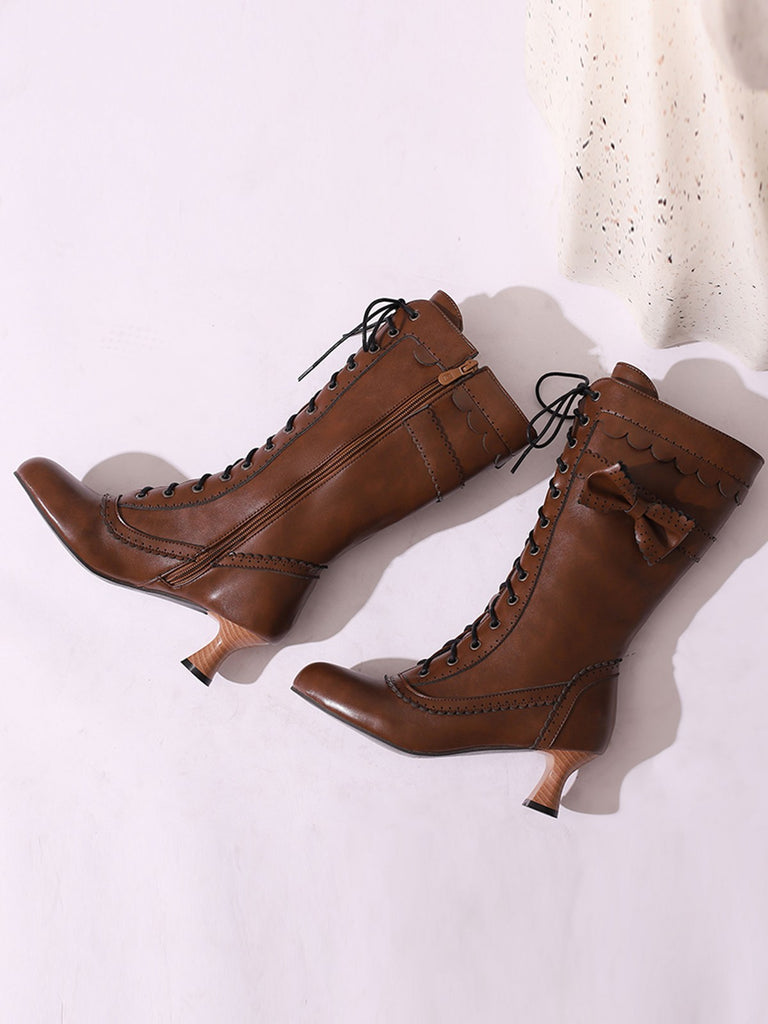Leather Bow Lace-Up Calf High Boots — vintage style that transcends decades