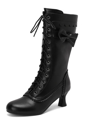 She finds her vintage story in this Leather Bow Lace-Up Calf High Boots