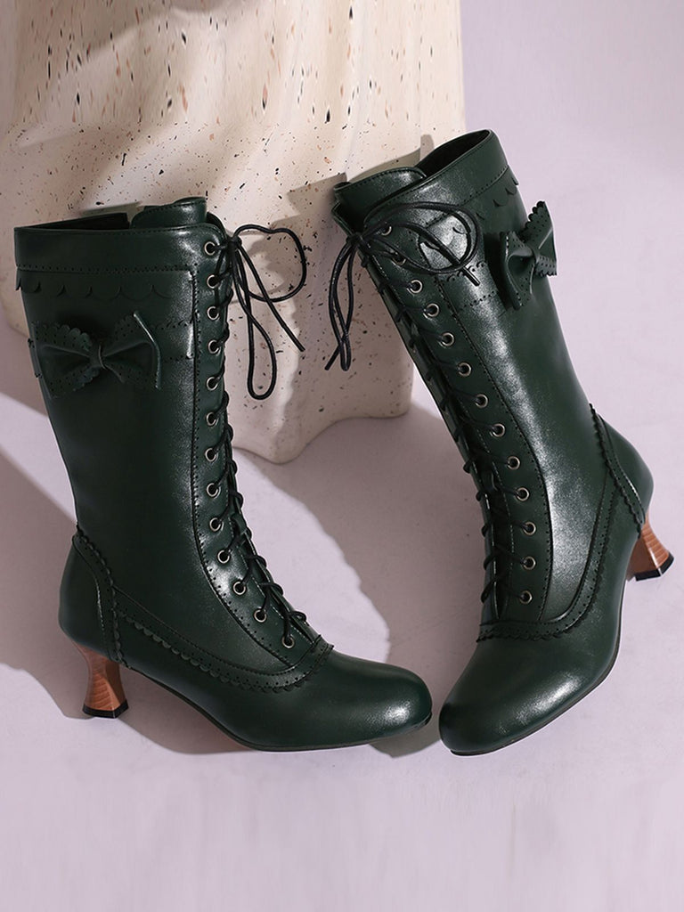 Leather Bow Lace-Up Calf High Boots — vintage style that transcends decades