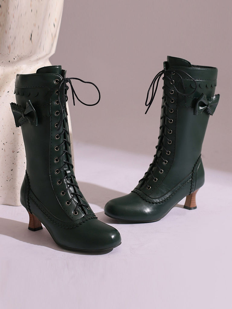 Leather Bow Lace-Up Calf High Boots — vintage vintage charm for her modern wardrobe