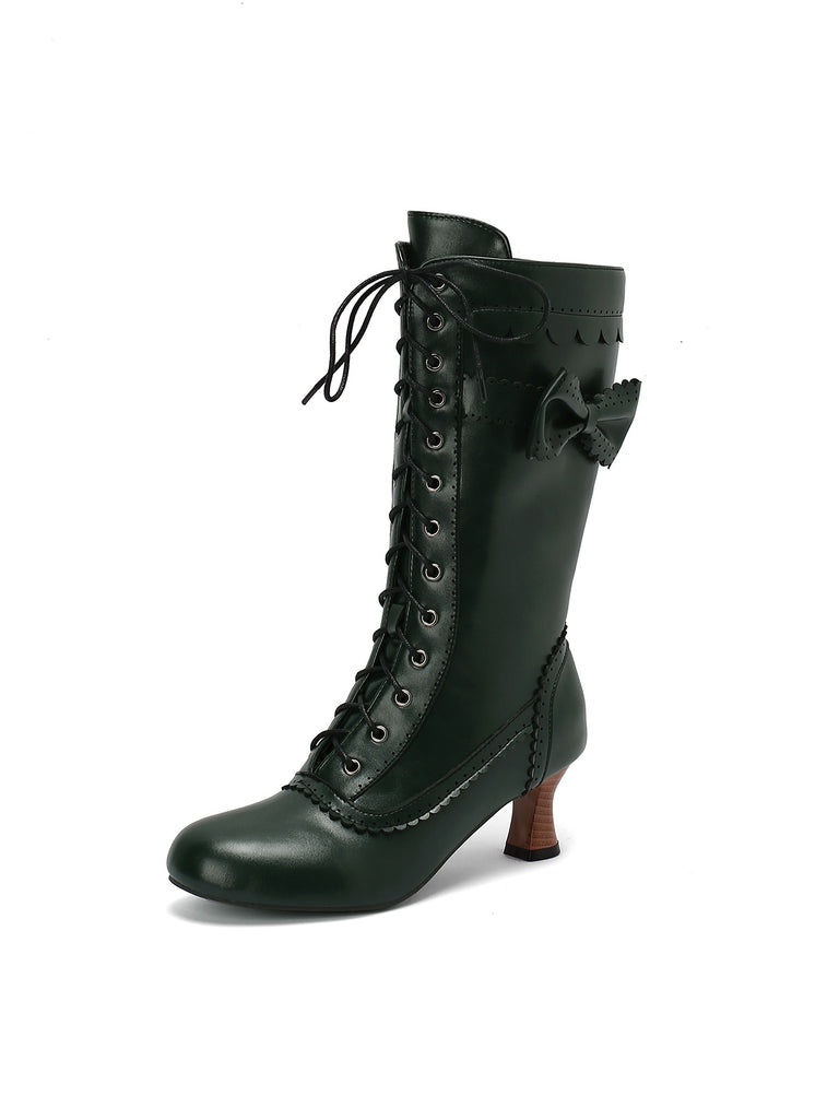 She finds her vintage story in this Leather Bow Lace-Up Calf High Boots