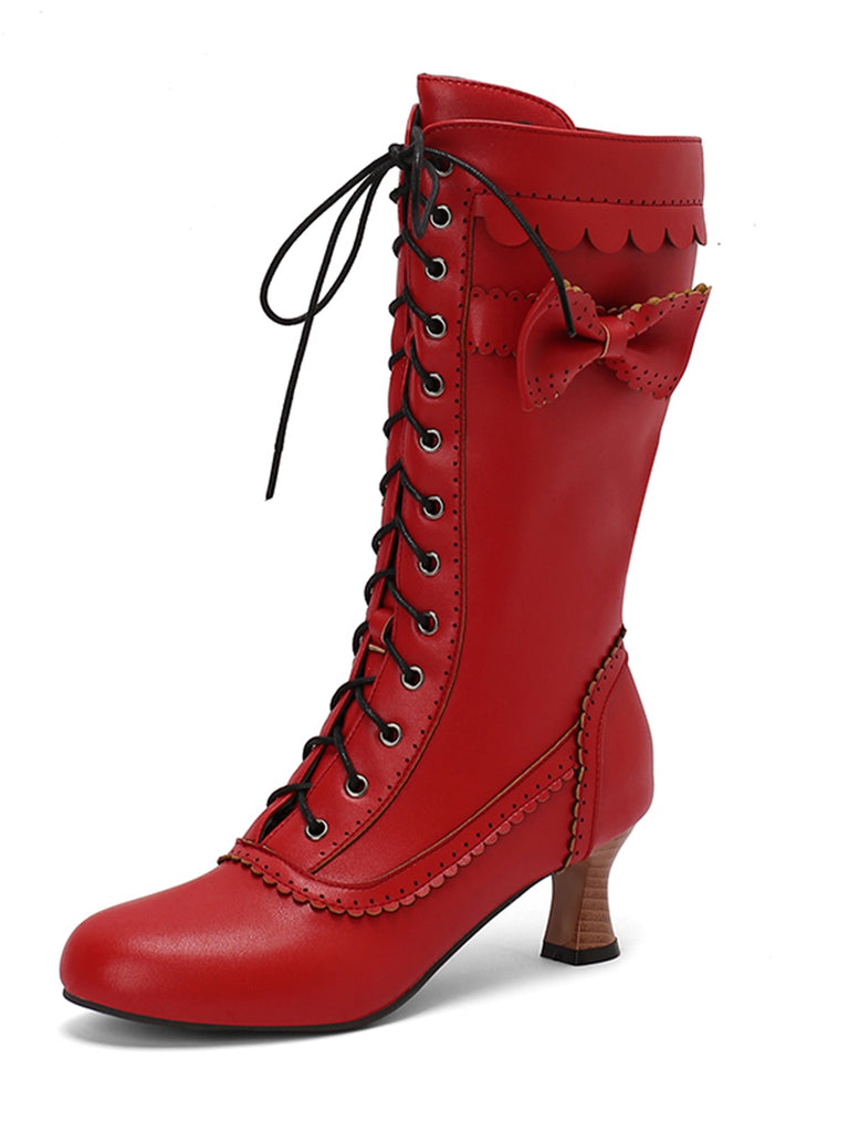 Leather Bow Lace-Up Calf High Boots — vintage vintage charm for her modern wardrobe
