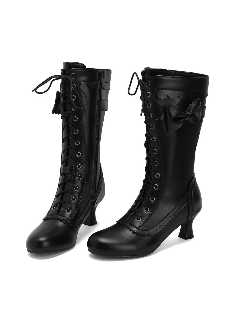 Leather Bow Lace-Up Calf High Boots — vintage style that transcends decades