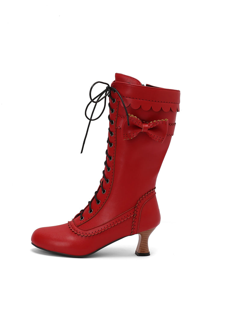 Leather Bow Lace-Up Calf High Boots — vintage style that transcends decades