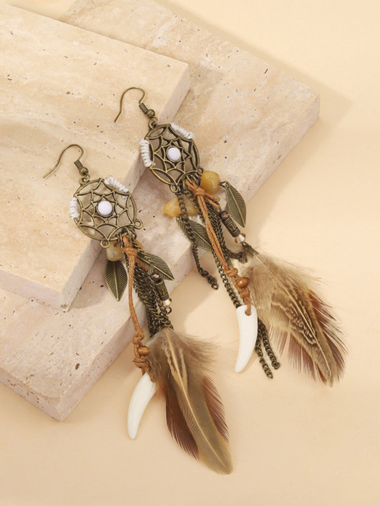 Leather Choker & Feather Dreamcatcher Tassel Earrings Set - vintage fashion, retro style