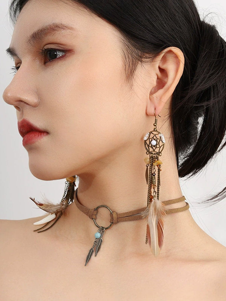 Leather Choker & Feather Dreamcatcher Tassel Earrings Set - vintage fashion, retro style