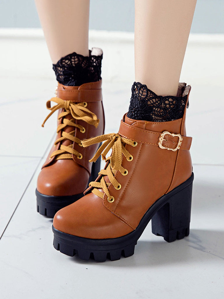 She finds her vintage story in this Leather Lace Patchwork High Heel Ankle Boots