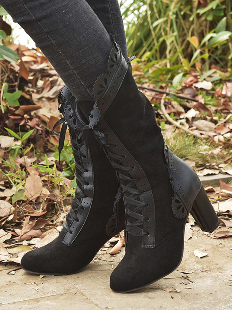 Leather Petal Edge Lace-Up Mid-Calf Boots — vintage vintage charm for her modern wardrobe