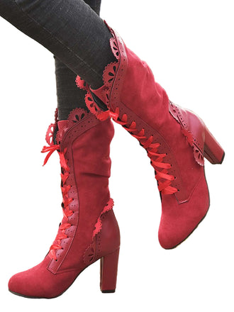 She finds her vintage story in this Leather Petal Edge Lace-Up Mid-Calf Boots