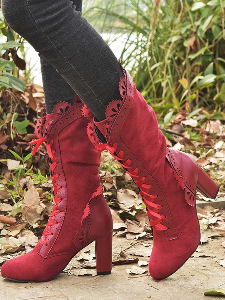 Leather Petal Edge Lace-Up Mid-Calf Boots — vintage vintage charm for her modern wardrobe
