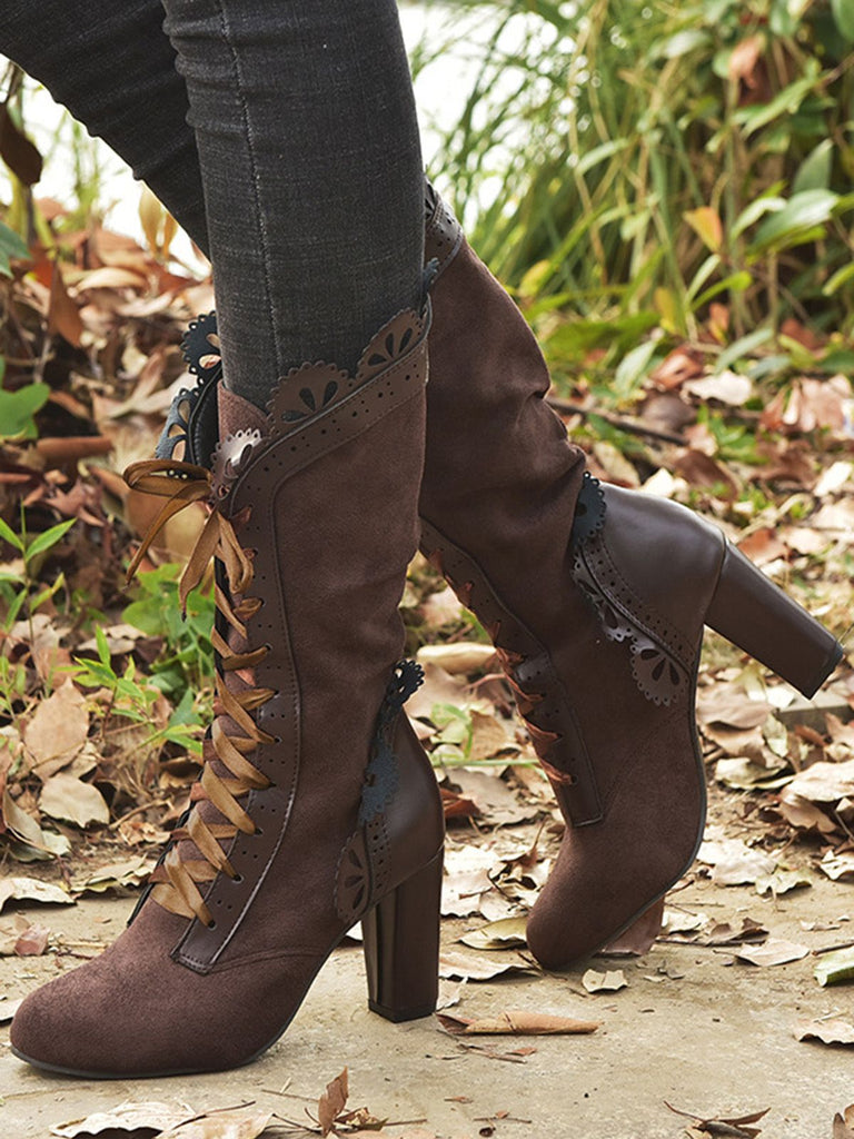 She finds her vintage story in this Leather Petal Edge Lace-Up Mid-Calf Boots