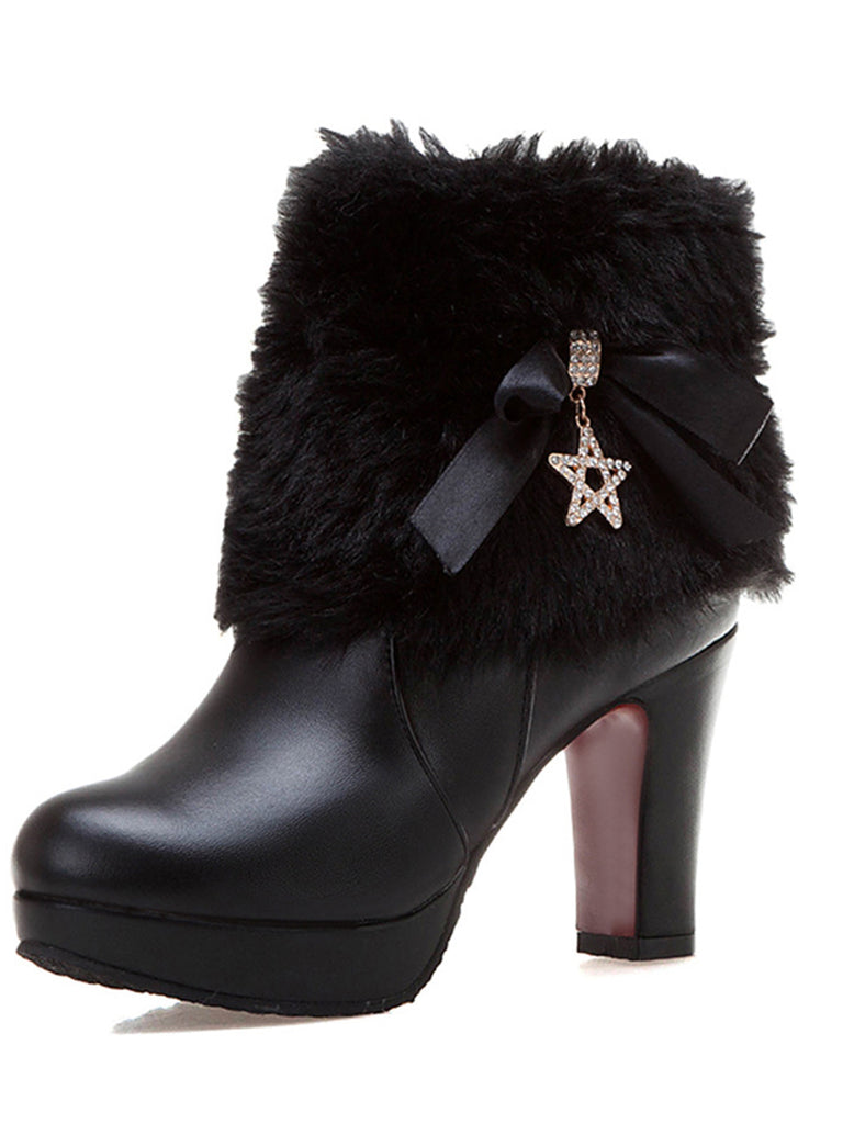 She finds her vintage story in this Leather Rhinestone Fur Patchwork High Boots