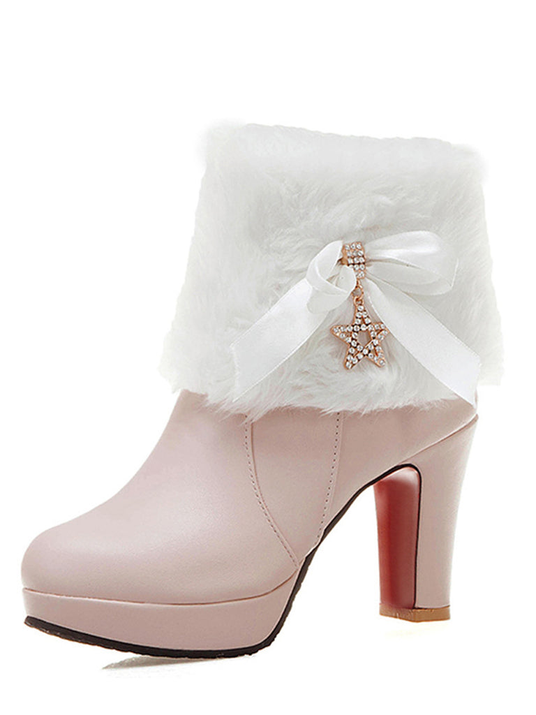 This Leather Rhinestone Fur Patchwork High Boots whispers vintage secrets to those who notice
