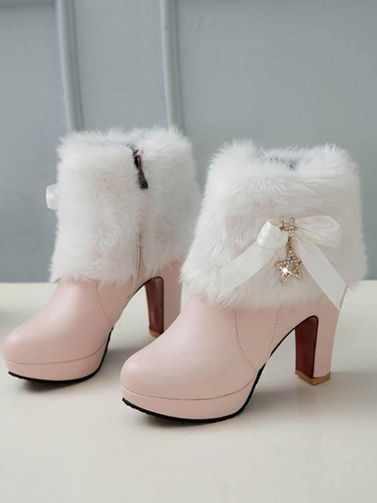 Leather Rhinestone Fur Patchwork High Boots — vintage style that transcends decades