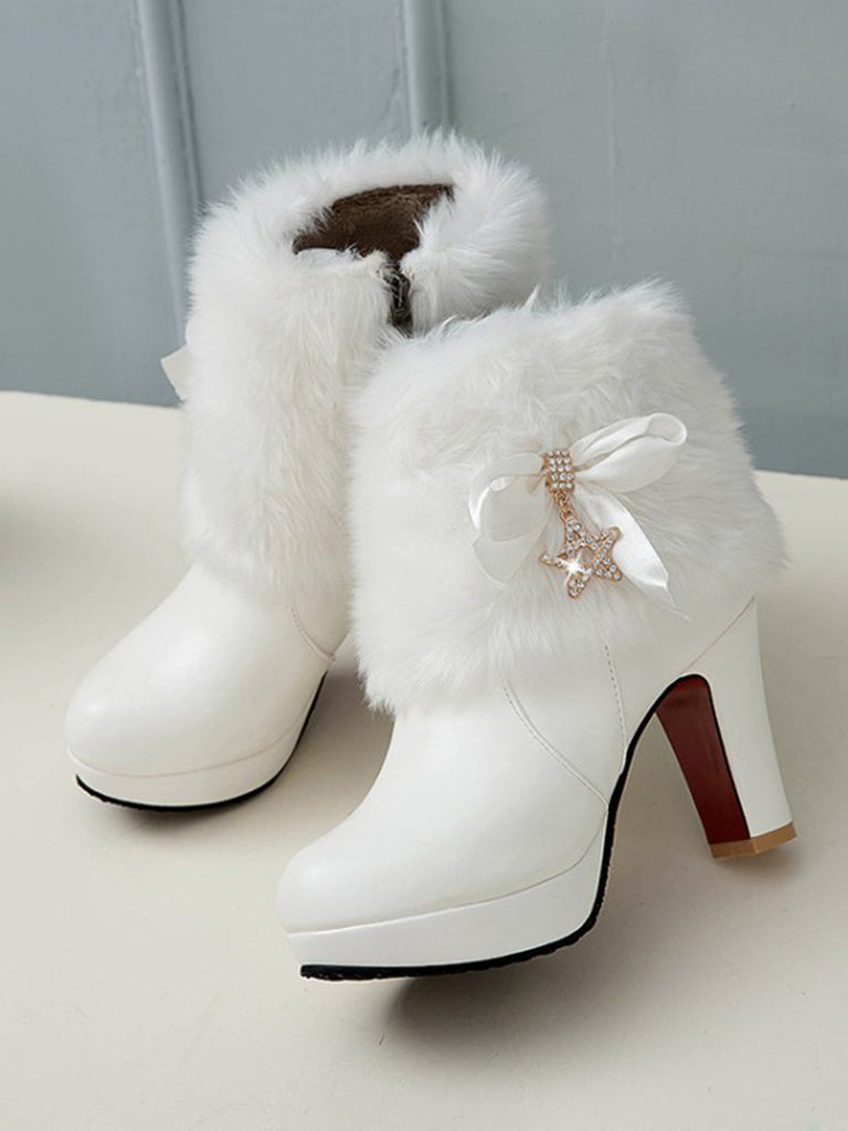Leather Rhinestone Fur Patchwork High Boots — vintage vintage charm for her modern wardrobe