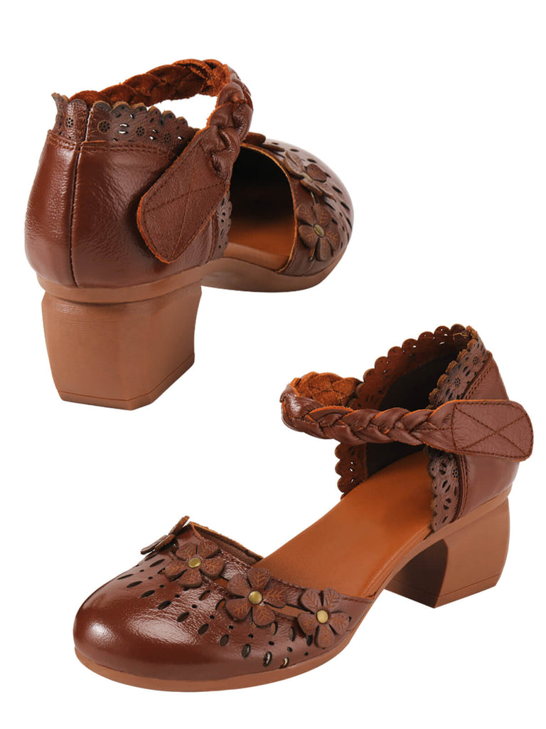 Leather Vintage Hollow-out High Heeled Sandals, vintage shoes, retro heels - perfect for women who love vintage and retro fashion