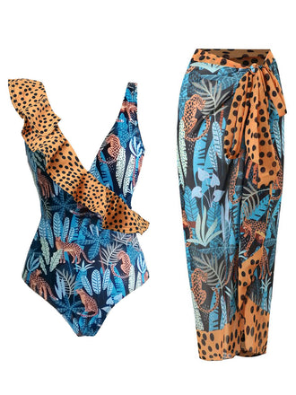 Leopard 1960s Ruffle Polka Dot Swimsuit & Cover-up, vintage swimsuit, pin-up swimwear - perfect for women who love vintage and retro fashion