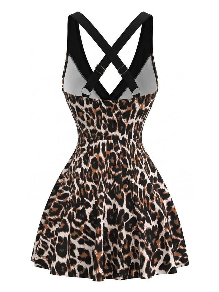 cross neck printed mesh mini dress Leopard 1970s Crisscross Strap V-Neck Mesh One-Piece Swimdress