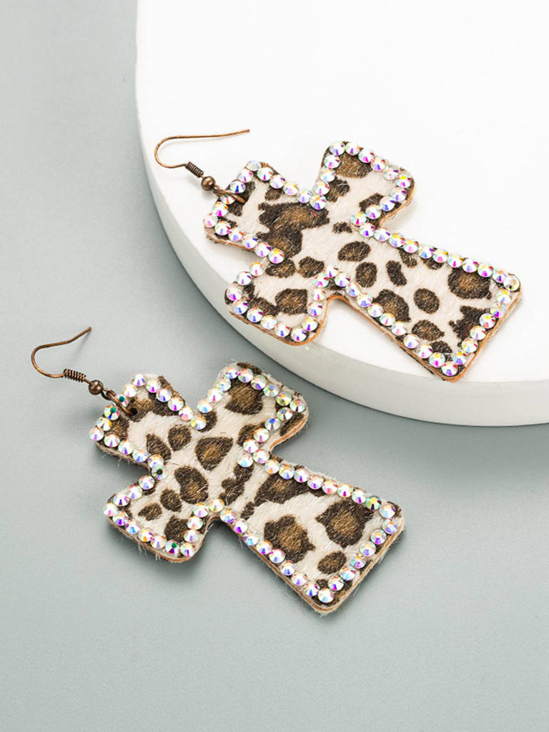 Leopard Rhinestones Cross Pendant Earrings — vintage elegance in the palm of her hand