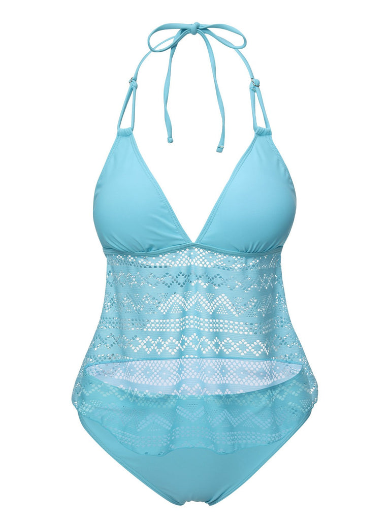 She's wearing Light Blue 1930s Lace Hollow Halter Swimsuit and the whole beach remembers the 1930s