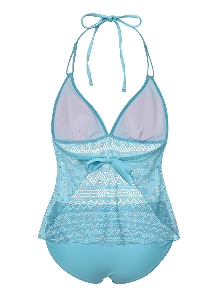 This Light Blue 1930s Lace Hollow Halter Swimsuit carries 1930s vacation dreams in every stitch
