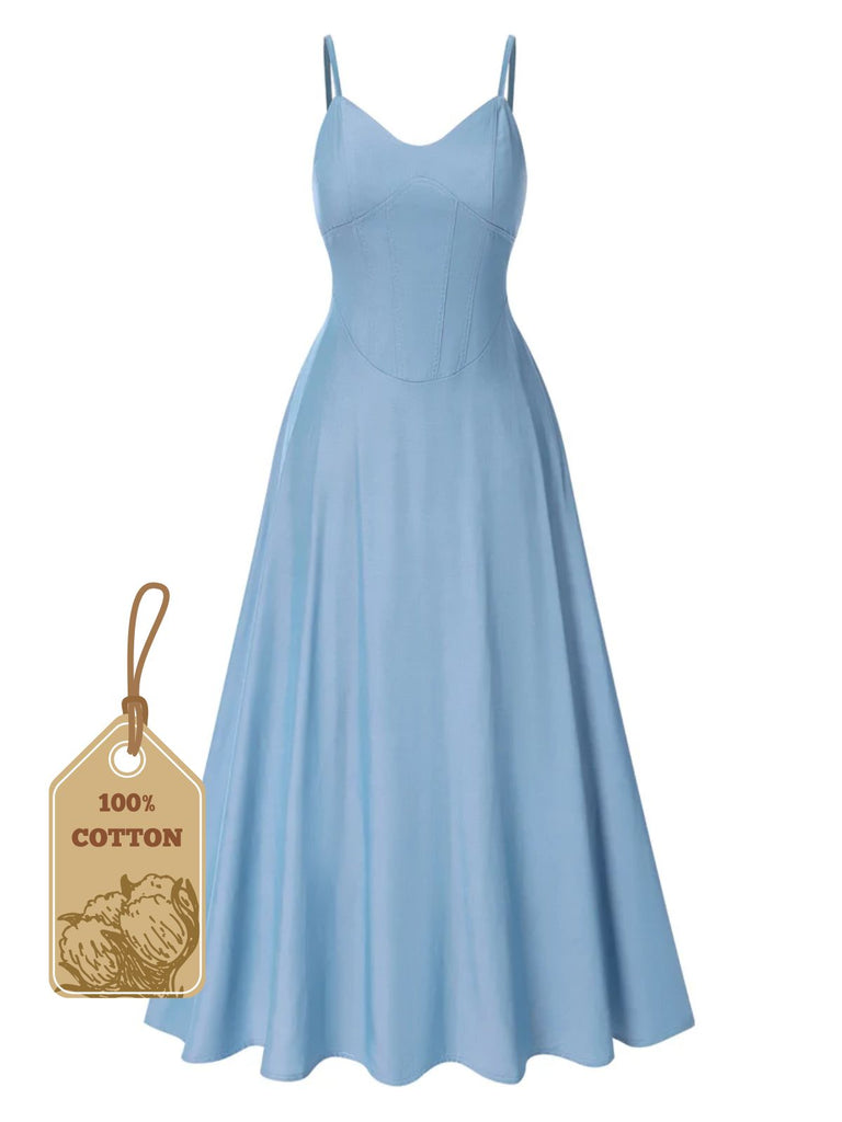 She slips into this Light Blue 1930s Solid Straps Cotton Dress and suddenly it's a 1930s daydream