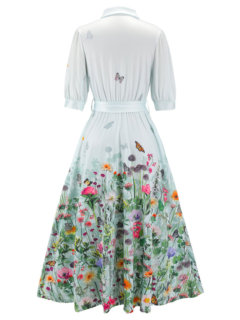 This Light Blue 1940s Floral Shirt Neck Belt Dress wraps her in 1940s elegance, one twirl at a time