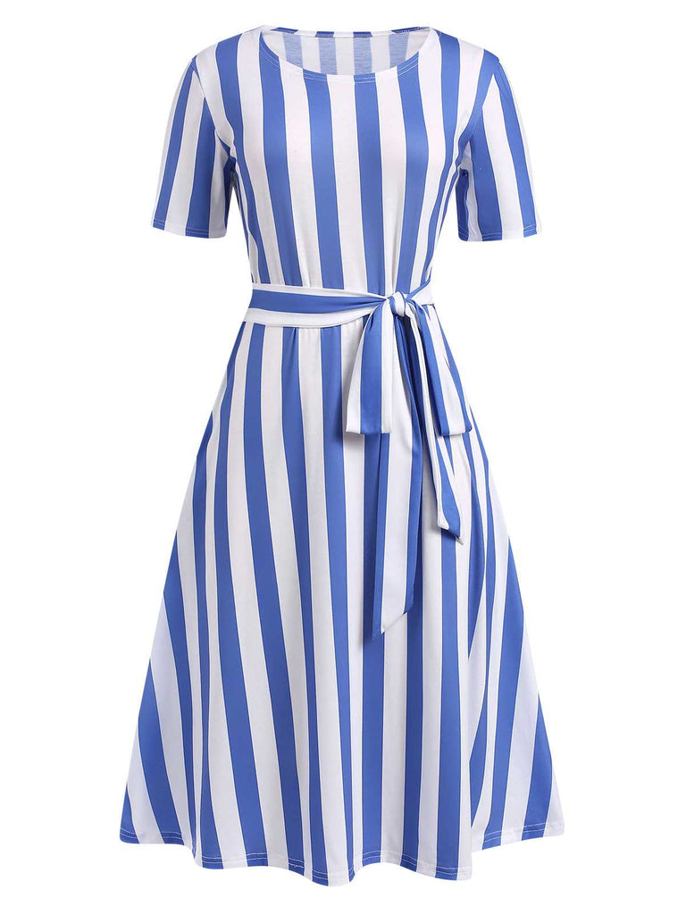 She slips into this Light Blue 1940s Nautical Striped Belted Dress and suddenly it's a 1940s daydream