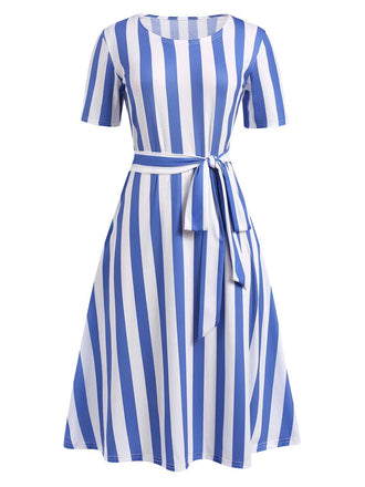 She slips into this Light Blue 1940s Nautical Striped Belted Dress and suddenly it's a 1940s daydream