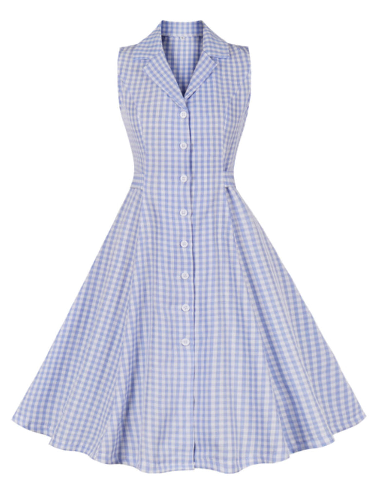 pale blue vintage dress Light Blue 1940s Plaid Lapel Sleeveless Dress