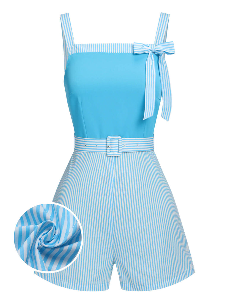 Light Blue 1940s Stripe Wide Straps Romper, vintage romper, retro jumpsuit - perfect for women who love vintage and retro fashion