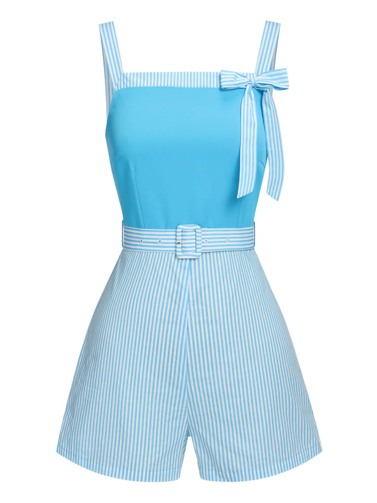 Light Blue 1940s Stripe Wide Straps Romper, vintage romper, retro jumpsuit - perfect for women who love vintage and retro fashion
