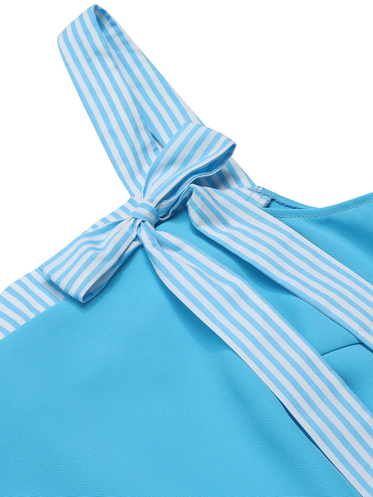 Light Blue 1940s Stripe Wide Straps Romper, vintage romper, retro jumpsuit - perfect for women who love vintage and retro fashion