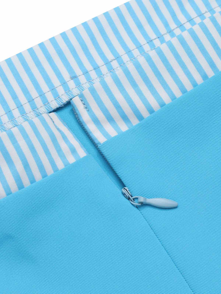 Light Blue 1940s Stripe Wide Straps Romper, vintage romper, retro jumpsuit - perfect for women who love vintage and retro fashion