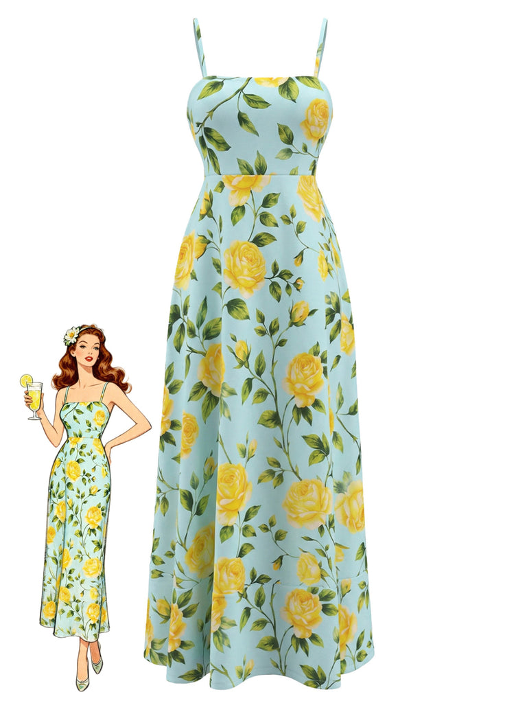 Light Blue 1940s Yellow Rose Spaghetti Strap Midi Dress