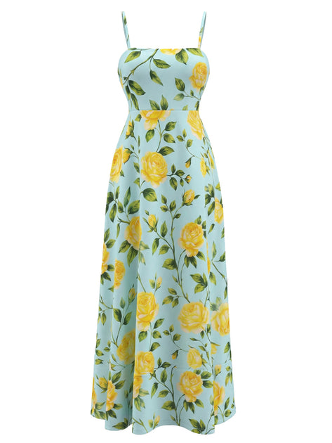 Light Blue 1940s Yellow Rose Spaghetti Strap Midi Dress