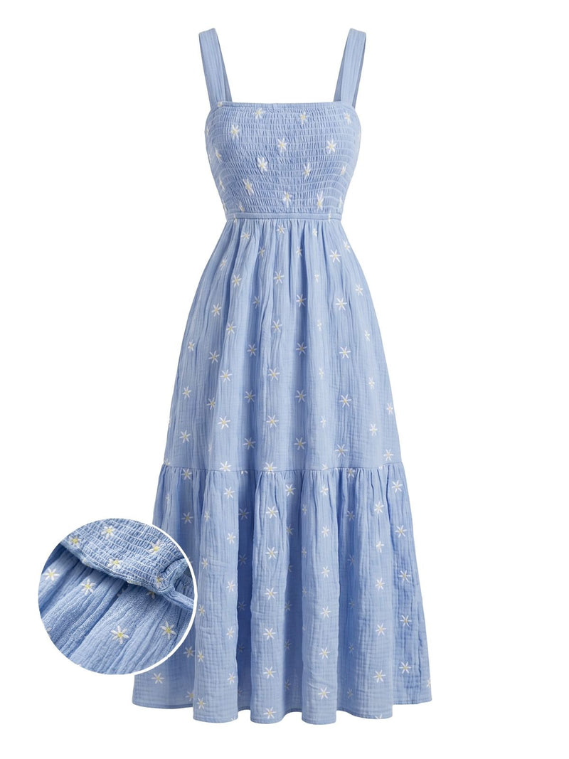 daisy embroidered dress Light Blue Shirred Midi Mess Dress Army Officer AdultSize:Adult XS (4 - 6) Delicately embroidered with charming sweatheart